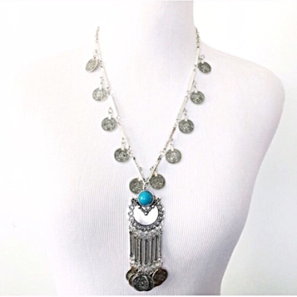 NWT Bohemian Necklace Silver Colored Blue Beads - Picture 1 of 6
